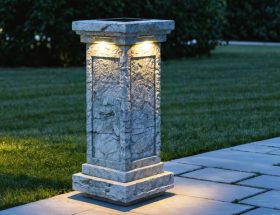 Classic stone pillar with integrated solar light casting a warm glow at dusk, showcasing a natural marble finish against a garden path.