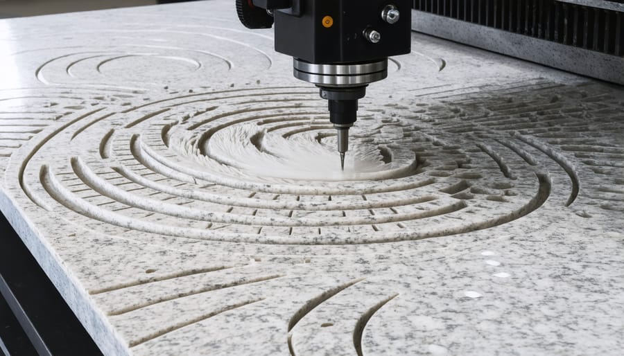 Computer-controlled robotic arm precisely cutting complex design in granite