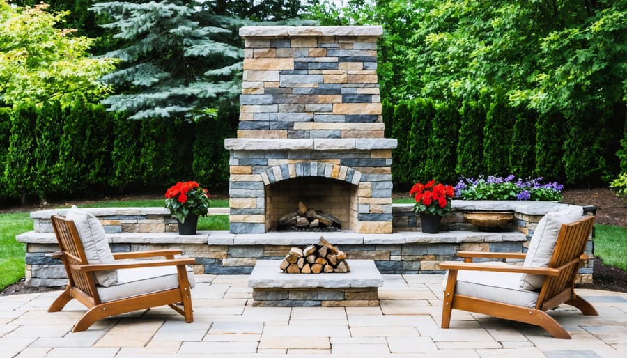 Finished stone outdoor fireplace with landscaping and seating area
