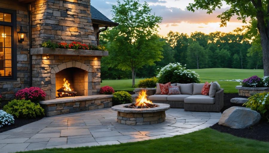 An outdoor stone fireplace warmly lit, surrounded by cozy seating and lush greenery, showcasing an inviting backyard setting perfect for gatherings.