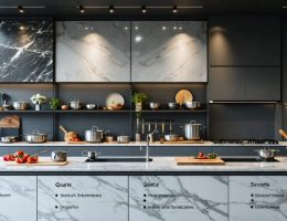 A modern kitchen displaying different countertop materials like granite, quartz, quartzite, and sintered stone, each with labels indicating their durability features such as scratch and heat resistance, set in a busy, stylish kitchen environment.