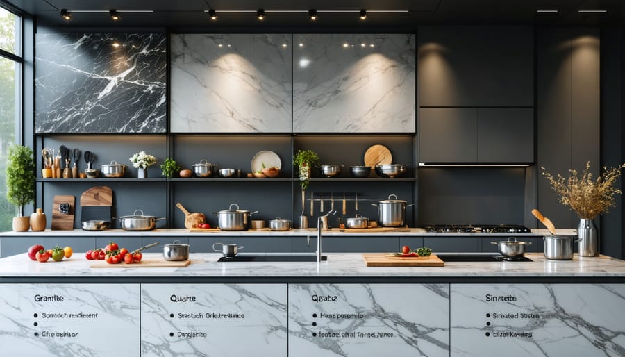 A modern kitchen displaying different countertop materials like granite, quartz, quartzite, and sintered stone, each with labels indicating their durability features such as scratch and heat resistance, set in a busy, stylish kitchen environment.