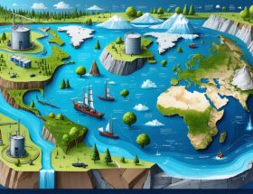 An illustration depicting the interconnectedness of Earth's water storage systems with natural stone operations, featuring oceans, polar caps, aquifers, and atmospheric moisture alongside quarries emphasizing sustainable water management.