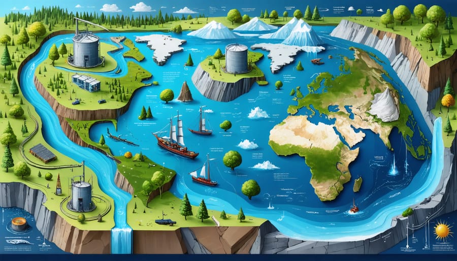 An illustration depicting the interconnectedness of Earth's water storage systems with natural stone operations, featuring oceans, polar caps, aquifers, and atmospheric moisture alongside quarries emphasizing sustainable water management.
