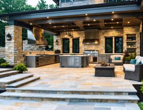 Luxurious outdoor patio featuring a variety of natural stone types, highlighting granite, slate, and quartzite's beauty and durability in a modern garden setting.