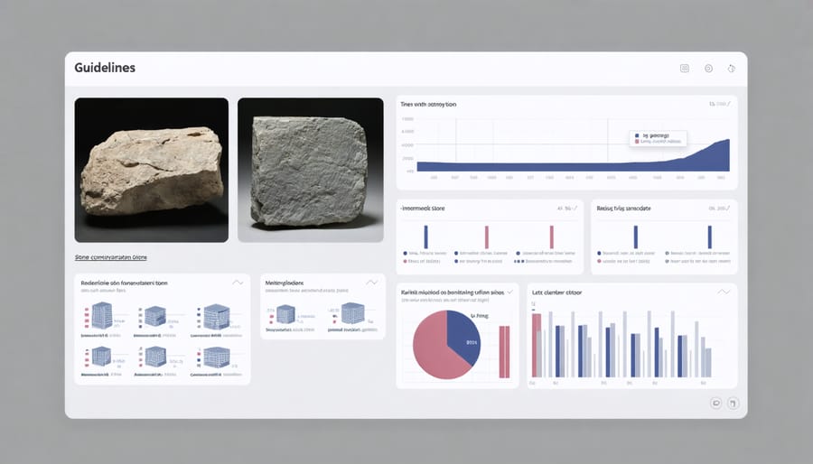 Modern environmental monitoring dashboard showing temperature, humidity, and pollution levels affecting stone artifacts
