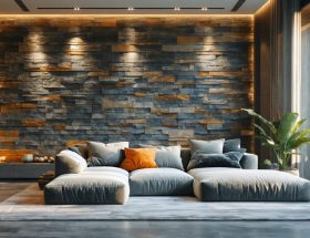 A modern living room featuring a faux stone accent wall with realistic textures and natural color variations, illuminated by warm ambient lighting.