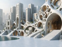 A modern cityscape featuring a blend of traditional stone structures alongside intricate, 3D printed architectural elements, illustrating the union of traditional and innovative building techniques.