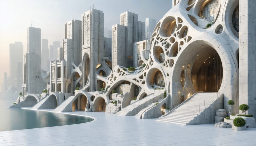 A modern cityscape featuring a blend of traditional stone structures alongside intricate, 3D printed architectural elements, illustrating the union of traditional and innovative building techniques.