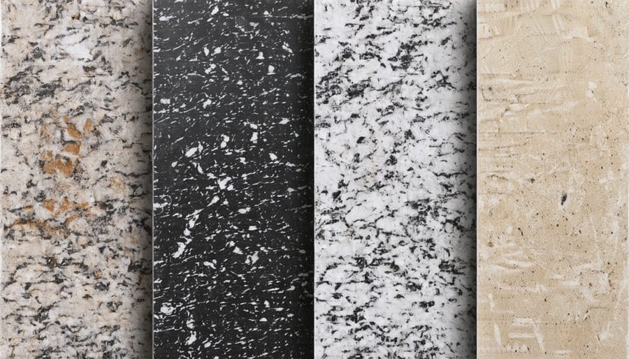 Selection of granite countertop samples displaying various colors, patterns, and grades