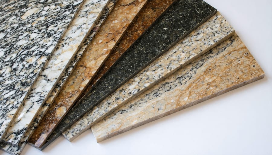 "A selection of granite countertop samples displaying various colors and patterns, illustrating the diverse options available for homeowners considering granite surfaces."