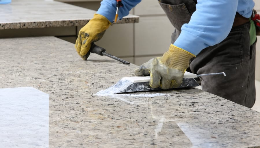 Craftsman applying different edge profiles to a granite countertop installation