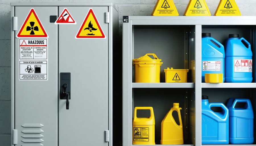Yellow hazardous material storage cabinet with clear labeling, warning signs, and organized chemical containers