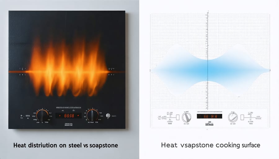 Thermal imaging comparison showing even heat distribution on soapstone versus uneven heating on metal surface
