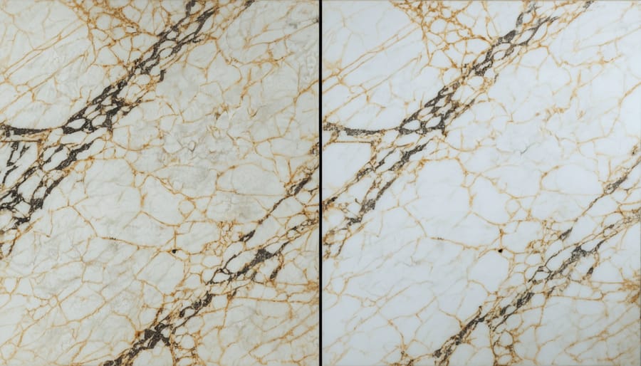 Side-by-side comparison of a marble surface showing darkened patina on left and cleaned surface on right after laser treatment