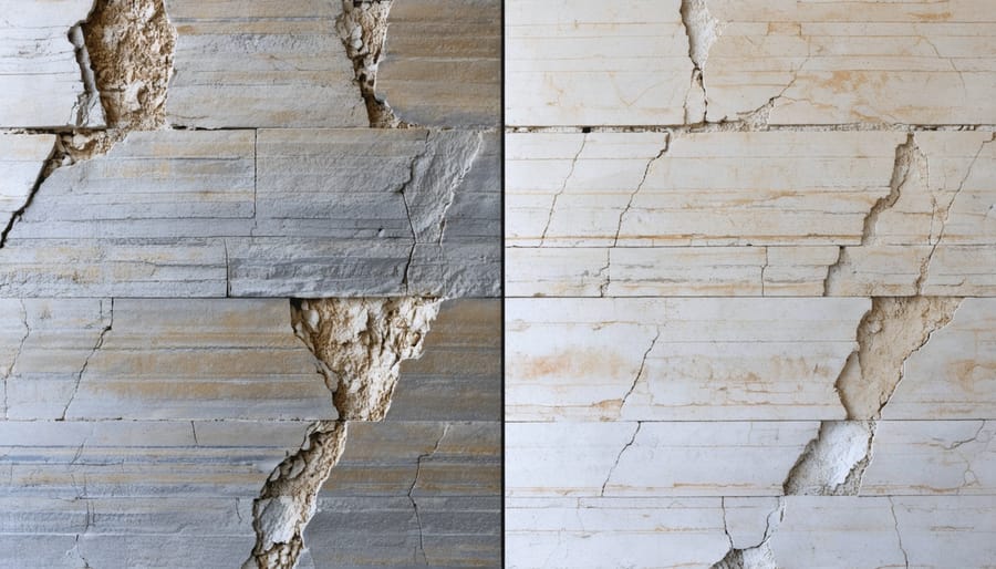Comparison of fresh limestone block on left versus weathered, pitted limestone block on right