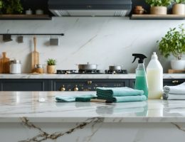 Pristine quartz countertop in a modern kitchen, highlighting the reflective surface and arranged with gentle cleaning tools like microfiber cloths and mild cleaners, emphasizing proper maintenance and stain prevention.