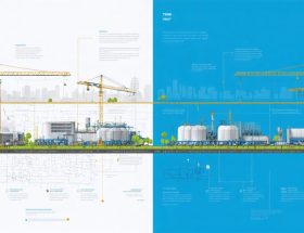 A visual representation comparing the timeline and stages of construction for a simple assembly plant versus a complex semiconductor manufacturing facility, emphasizing the detailed steps and varied durations from blueprint to full operation.