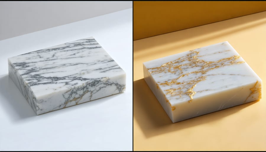 Side-by-side comparison of traditional marble craftsman and automated CNC marble cutting machine