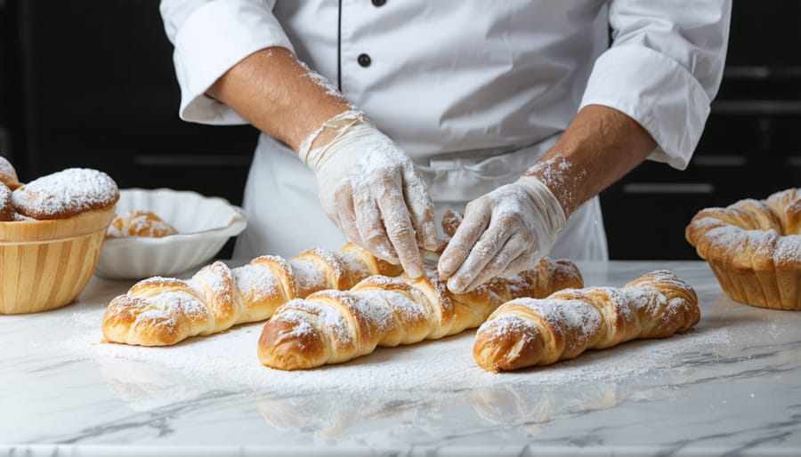 Baker rolling out pastry dough on a white marble surface dusted with flour