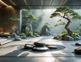 A serene modern living space featuring a central arrangement of mindful stones, evoking tranquility and meditation. The carefully placed stones are complemented by minimalist decor and subtle plays of light and shadow, creating a peaceful and harmonious environment.