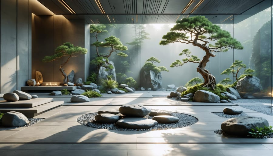 A serene modern living space featuring a central arrangement of mindful stones, evoking tranquility and meditation. The carefully placed stones are complemented by minimalist decor and subtle plays of light and shadow, creating a peaceful and harmonious environment.