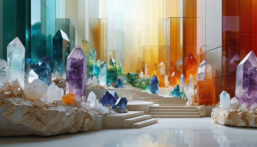 An artistic illustration of vibrant rock-forming minerals seamlessly integrating into contemporary architectural structures, symbolizing the journey from natural formation to practical application.