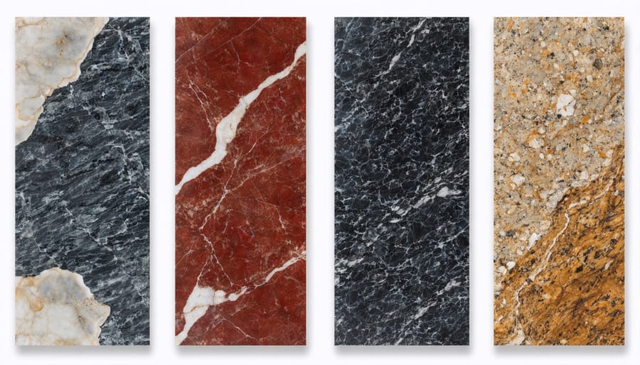 Array of polished stone samples displaying various colors and patterns from mineral composition