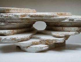Conceptual image depicting a blend of traditional stone textures and modern 3D printing technology, showcasing a stone structure being built layer by layer with visible particle details, representing innovative stone manufacturing.
