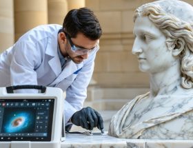 A conservator carefully uses a 3D laser scanner on an ancient marble statue, demonstrating the integration of advanced digital tools and traditional methods in stone conservation.