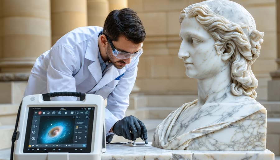 A conservator carefully uses a 3D laser scanner on an ancient marble statue, demonstrating the integration of advanced digital tools and traditional methods in stone conservation.