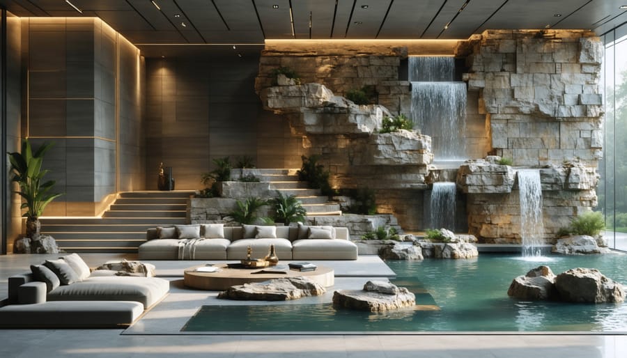 Contemporary meditation room with flowing water over textured stone wall