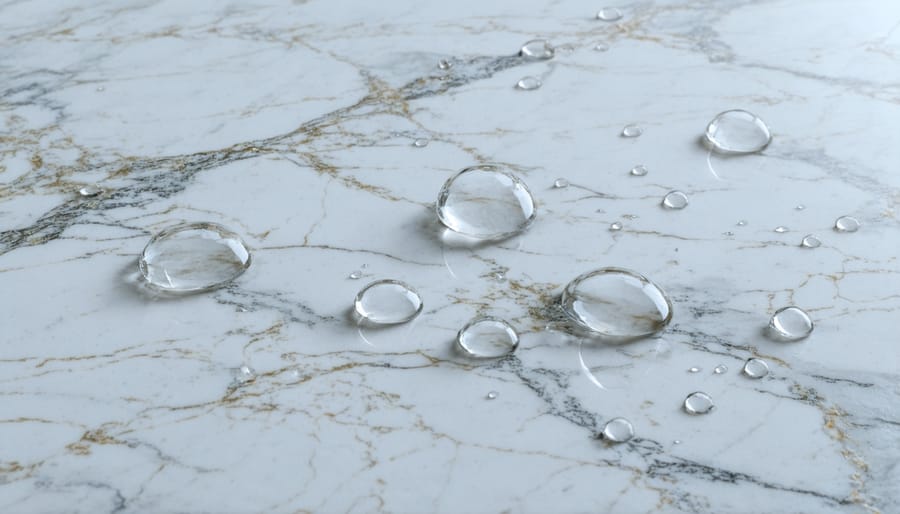 Water droplets beading on treated marble surface demonstrating hydrophobic properties