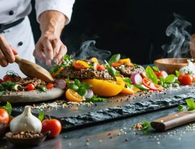 Chef utilizing natural stone surfaces for gourmet cooking, featuring a combination of marble and basalt in a modern kitchen setting with fresh ingredients.