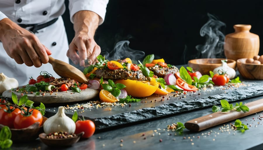 Chef utilizing natural stone surfaces for gourmet cooking, featuring a combination of marble and basalt in a modern kitchen setting with fresh ingredients.