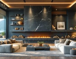 A modern living room with a stunning natural stone fireplace made from granite and limestone, emphasizing air-filtering properties. The arrangement highlights good ventilation practices and coziness.