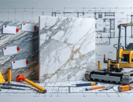 Conceptual illustration of marble, granite, and limestone slabs with visible tax labels, set against a background of blueprints and construction tools, representing limited taxation in the natural stone industry.
