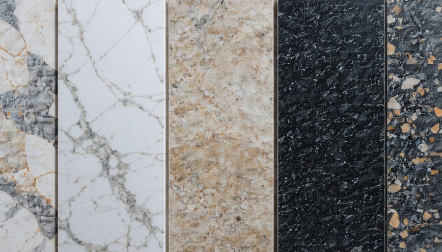 Visual comparison of four premium countertop materials showing texture and pattern differences