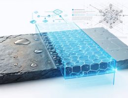 A conceptual image showing a stone surface under two conditions: one side with visible water and stains, and the other with a glowing protective grid suggesting quantum nanotechnology at work, highlighting self-healing and protection.