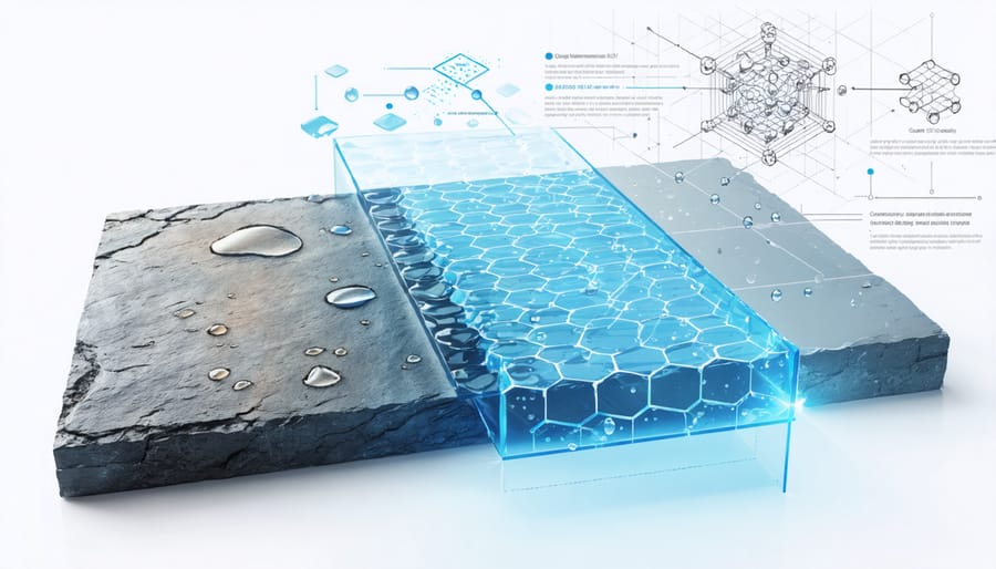 A conceptual image showing a stone surface under two conditions: one side with visible water and stains, and the other with a glowing protective grid suggesting quantum nanotechnology at work, highlighting self-healing and protection.