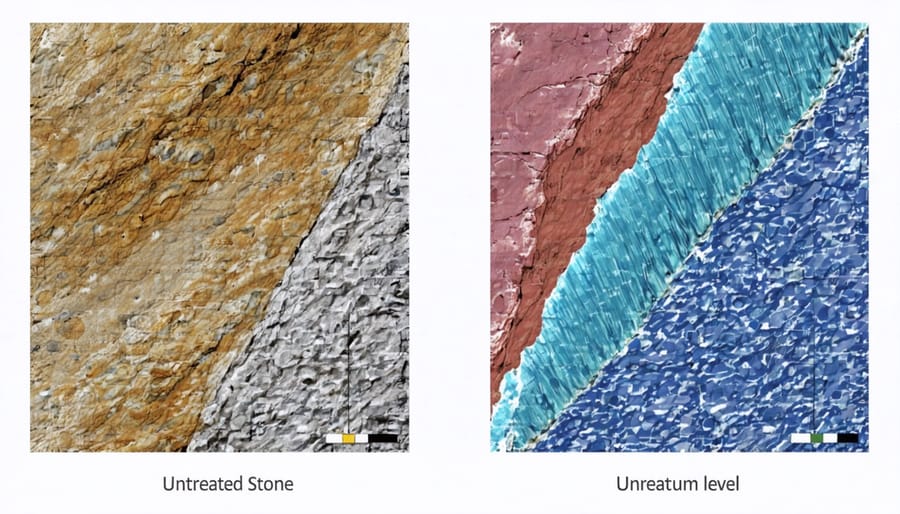 Microscopic comparison of stone surfaces showing quantum nanotech protection vs unprotected surface