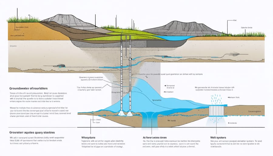 Technical illustration of quarry groundwater systems including aquifers, wells, and water table