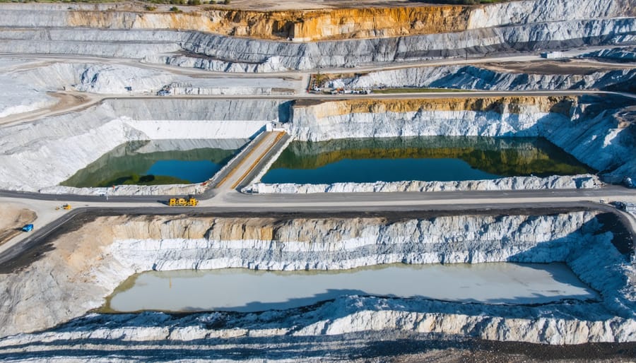 Large stone quarry with water management systems including retention ponds and water recycling facilities