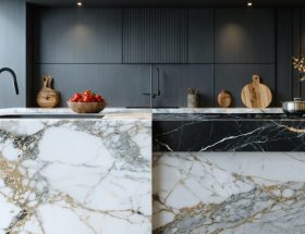 Conceptual image of a modern kitchen countertop split between engineered quartz and a traditional stone, highlighting differences in pattern, color, and design versatility.