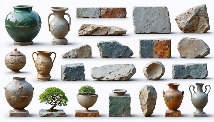 Display of artistic creations made from recycled stone materials