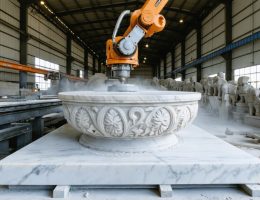A modern robotic arm intricately carving a large marble block, with traditional stone carving tools and advanced technology visibly present in the background, symbolizing the fusion of traditional craftsmanship and robotic precision.