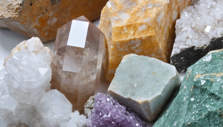 Close-up view of quartz crystals, pink feldspar, and shiny mica minerals side by side
