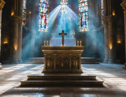 Majestic cathedral interior featuring a prominently carved stone altar with intricate Christian symbols, illuminated by colorful reflections from stained glass windows.