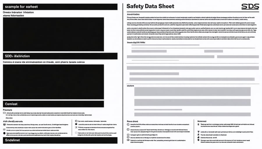 Example Safety Data Sheet showing hazard classifications, safety precautions, and emergency procedures