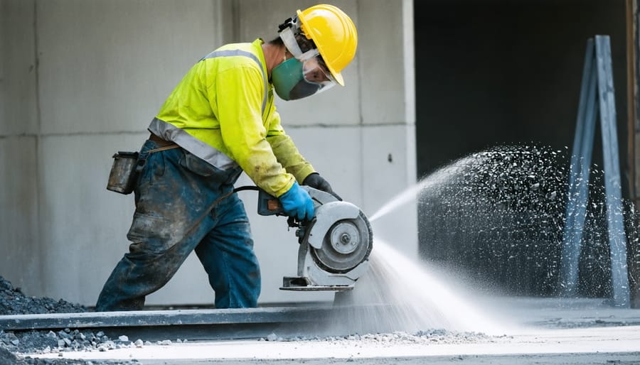 Stone fabrication worker wearing respirator, safety glasses, and protective clothing while operating wet saw with visible dust control measures